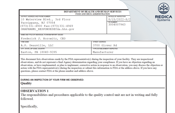 FDA 483 - A.P. Deauville, LLC [Easton / United States of America] - Download PDF - Redica Systems