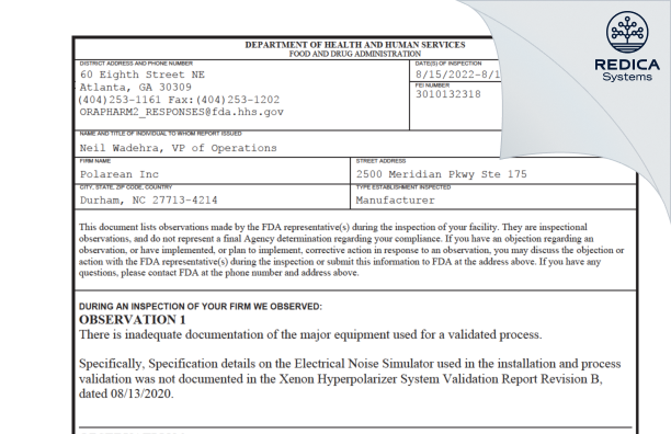 FDA 483 - Polarean, Inc. [Durham / United States of America] - Download PDF - Redica Systems