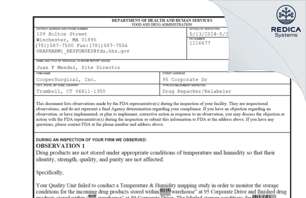 FDA 483 - CooperSurgical, Inc. [Trumbull / United States of America] - Download PDF - Redica Systems