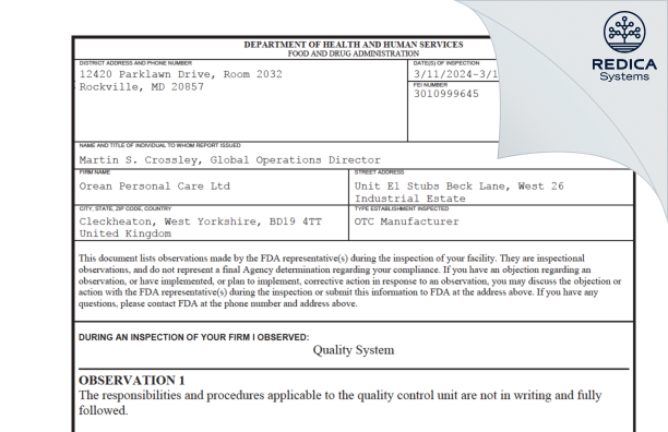 FDA 483 - Orean Personal Care Ltd. [Kirklees / United Kingdom of Great Britain and Northern Ireland] - Download PDF - Redica Systems