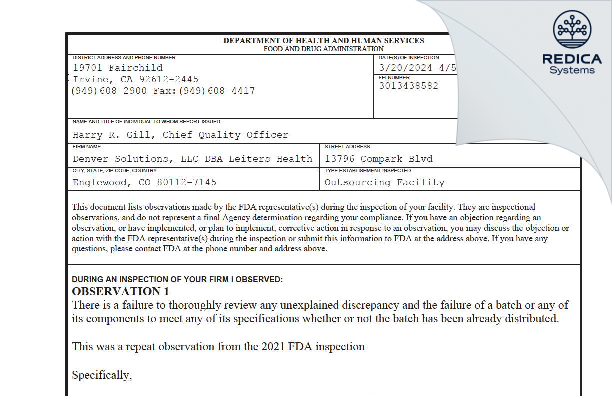 FDA 483 - Denver Solutions, LLC DBA Leiters Health [Englewood / United States of America] - Download PDF - Redica Systems