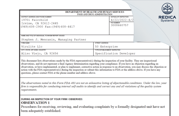 FDA 483 - Virulite Llc [Aliso Viejo / United States of America] - Download PDF - Redica Systems