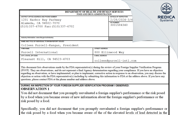 FDA 483 - Purcell International [Pleasant Hill / United States of America] - Download PDF - Redica Systems