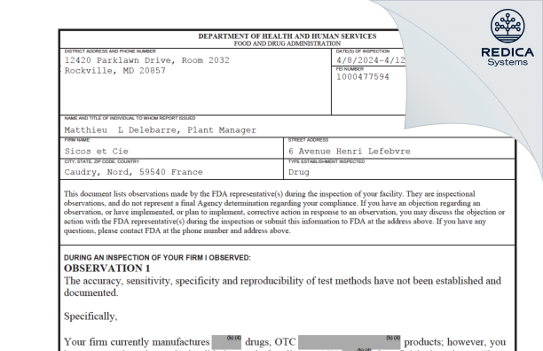 FDA 483 - SICOS ET CIE [Caudry / France] - Download PDF - Redica Systems