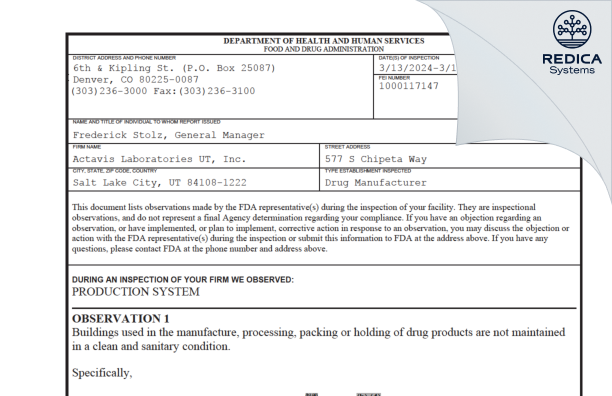 FDA 483 - Actavis Laboratories UT, Inc. [Salt Lake City / United States of America] - Download PDF - Redica Systems