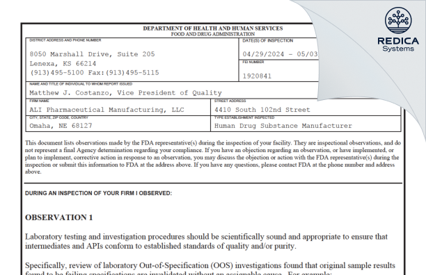 FDA 483 - ALI Pharmaceutical Manufacturing, LLC [Omaha / United States of America] - Download PDF - Redica Systems