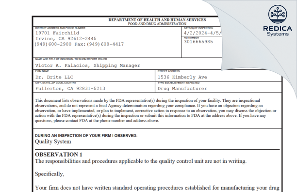 FDA 483 - Dr. Brite LLC [Fullerton / United States of America] - Download PDF - Redica Systems