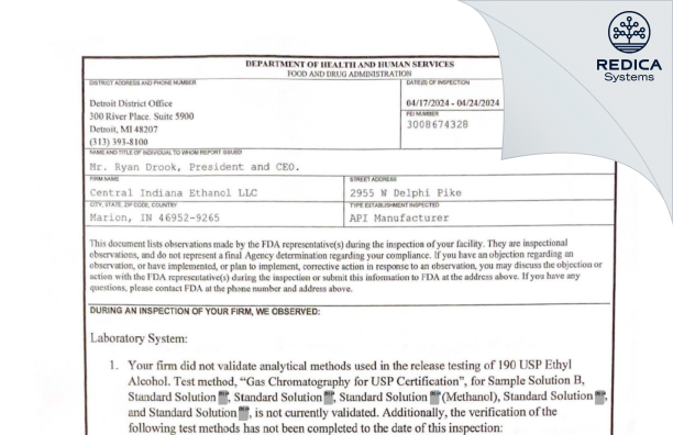 FDA 483 - Central Indiana Ethanol [Marion / United States of America] - Download PDF - Redica Systems