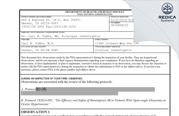 FDA 483 - Carl B. Tubbs, M.D. [Parker / United States of America] - Download PDF - Redica Systems