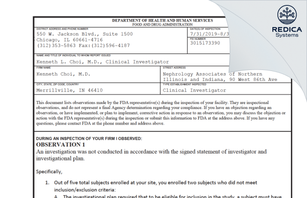 FDA 483 - Kenneth Choi, M.D. [Merrillville / United States of America] - Download PDF - Redica Systems