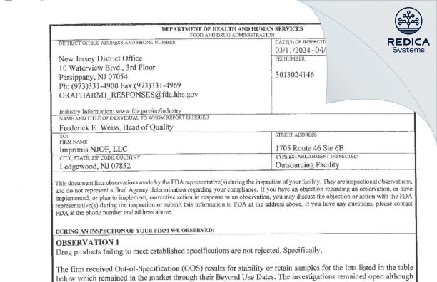 FDA 483 - Imprimis NJOF, LLC [Ledgewood / United States of America] - Download PDF - Redica Systems