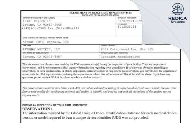 FDA 483 - PATHWAY MEDTECH, LLC [Santee / United States of America] - Download PDF - Redica Systems