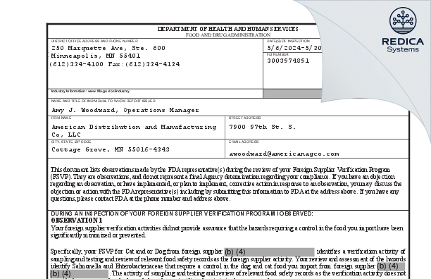 FDA 483 - American Distribution and Manufacturing Co, LLC [Cottage Grove / United States of America] - Download PDF - Redica Systems