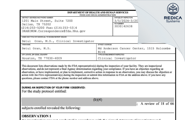 FDA 483 - Betul Oran, M.D. [Houston / United States of America] - Download PDF - Redica Systems