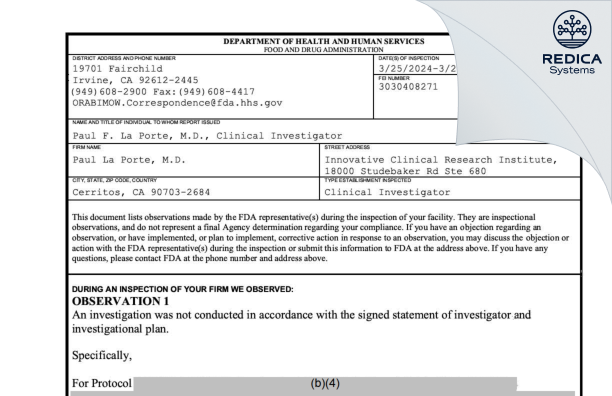 FDA 483 - Paul La Porte, M.D. [Cerritos / United States of America] - Download PDF - Redica Systems