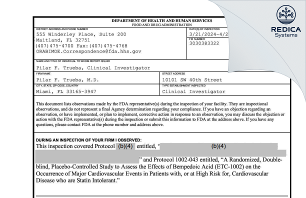 FDA 483 - Pilar F. Trueba, M.D. [Miami / United States of America] - Download PDF - Redica Systems