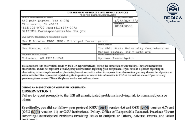 FDA 483 - Uma Borate, M.D. [Columbus / United States of America] - Download PDF - Redica Systems