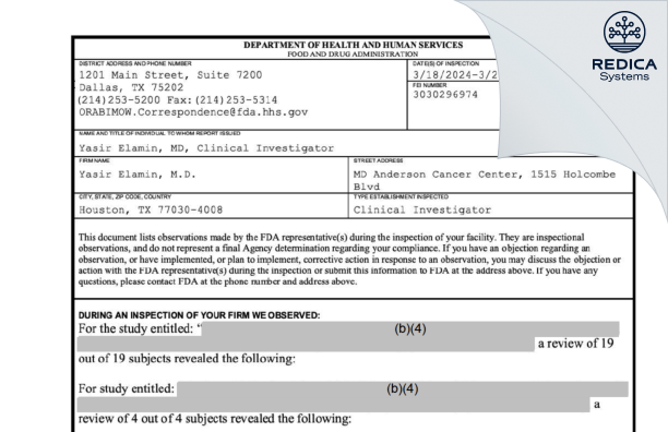 FDA 483 - Yasir Elamin, M.D. [Houston / United States of America] - Download PDF - Redica Systems