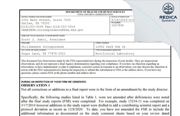 FDA 483 - Stillmeadow Incorporated [Sugar Land / United States of America] - Download PDF - Redica Systems