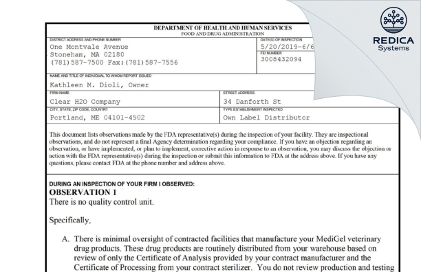 FDA 483 - Clear H2O Company [Portland / United States of America] - Download PDF - Redica Systems