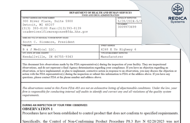 FDA 483 - B & J Medical LLC. [Kendallville / United States of America] - Download PDF - Redica Systems