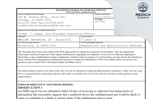 FDA 483 - MEDLINE INDUSTRIES, LP - Northfield [Northfield / United States of America] - Download PDF - Redica Systems