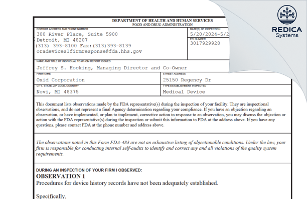 FDA 483 - Oxid Corporation [Novi / United States of America] - Download PDF - Redica Systems