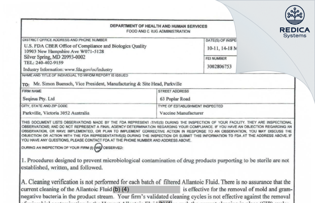 FDA 483 - Seqirus Pty Ltd [Melbourne / Australia] - Download PDF - Redica Systems