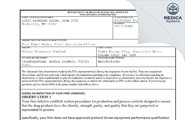 FDA 483 - BIOCON BIOSPHERE LIMITED [Paravada / India] - Download PDF - Redica Systems