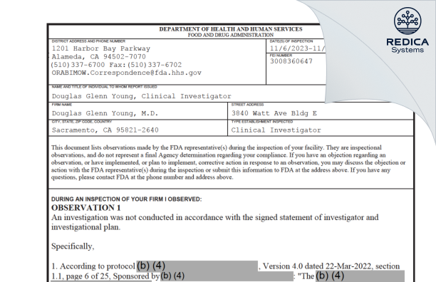 FDA 483 - Douglas Glenn Young, M.D. [Sacramento / United States of America] - Download PDF - Redica Systems