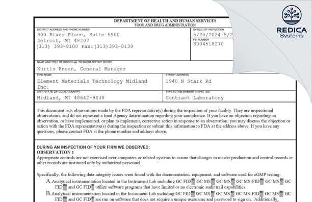 FDA 483 - Element Materials Technology Midland Inc. [Midland / United States of America] - Download PDF - Redica Systems