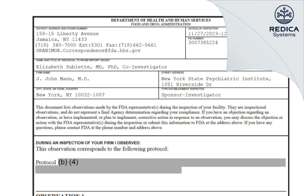 FDA 483 - J. John Mann, M.D. [New York / United States of America] - Download PDF - Redica Systems