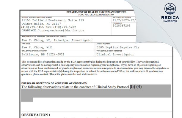 FDA 483 - Tae H. Chung, M.D. [Baltimore / United States of America] - Download PDF - Redica Systems