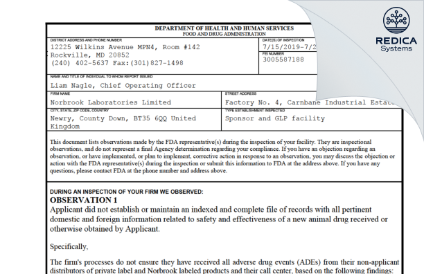 FDA 483 - Norbrook Laboratories Limited [Newry / United Kingdom of Great Britain and Northern Ireland] - Download PDF - Redica Systems