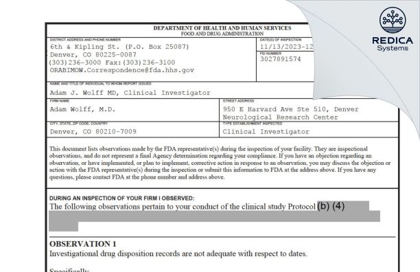 FDA 483 - Adam J. Wolff, M.D. [Denver / United States of America] - Download PDF - Redica Systems