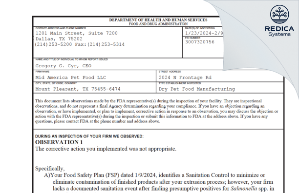 FDA 483 - Mid America Pet Food LLC [Mount Pleasant / United States of America] - Download PDF - Redica Systems