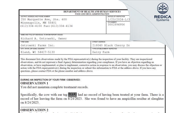 FDA 483 - Ostrowski Farms Inc. [Eland / United States of America] - Download PDF - Redica Systems