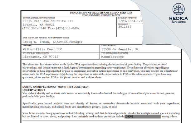 FDA 483 - Wilbur-Ellis Nutrition LLC [Clackamas / United States of America] - Download PDF - Redica Systems