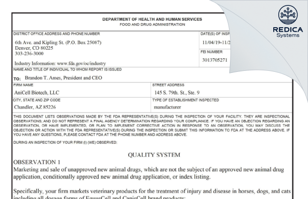 FDA 483 - AniCell Biotech, LLC [Chandler / United States of America] - Download PDF - Redica Systems