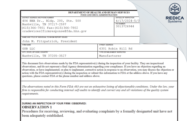 FDA 483 - GSB LLC [Nashville / United States of America] - Download PDF - Redica Systems