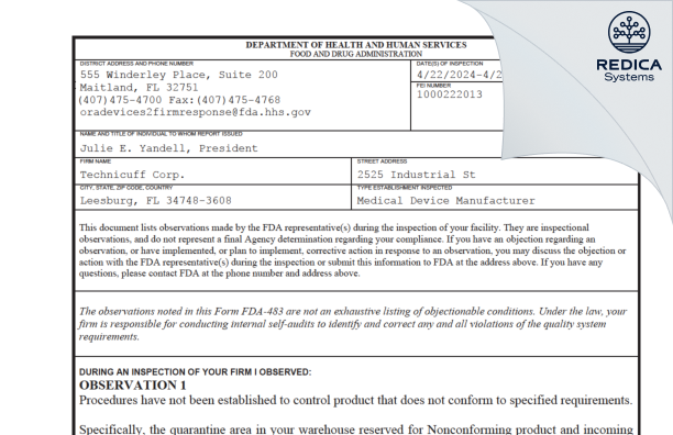 FDA 483 - Technicuff Corp. [Leesburg / United States of America] - Download PDF - Redica Systems