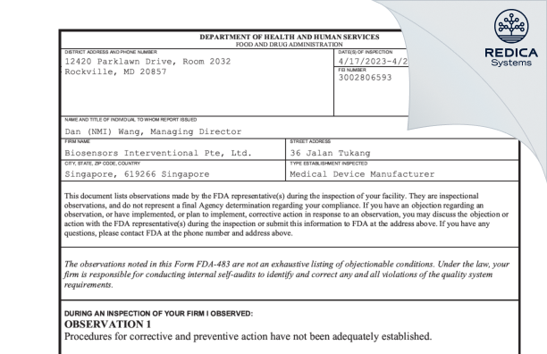 FDA 483 - Biosensors Interventional Pte, Ltd. [Singapore / Singapore] - Download PDF - Redica Systems