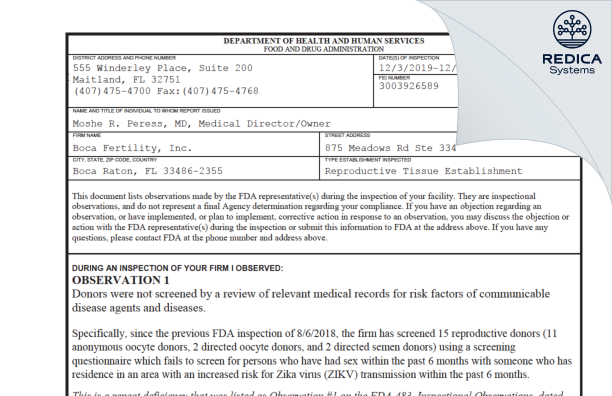 FDA 483 - Boca Fertility [Boca Raton / United States of America] - Download PDF - Redica Systems