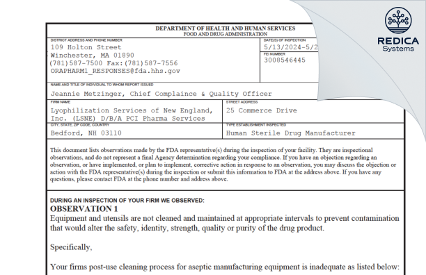 FDA 483 - Lyophilization Services Of New England, Inc. (LSNE) [Bedford / United States of America] - Download PDF - Redica Systems