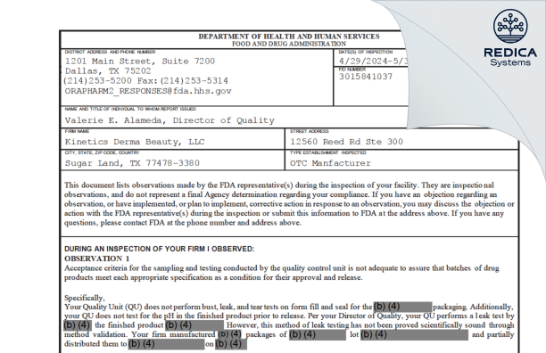 FDA 483 - Kinetics Derma Beauty, L.L.C [Sugar Land / United States of America] - Download PDF - Redica Systems