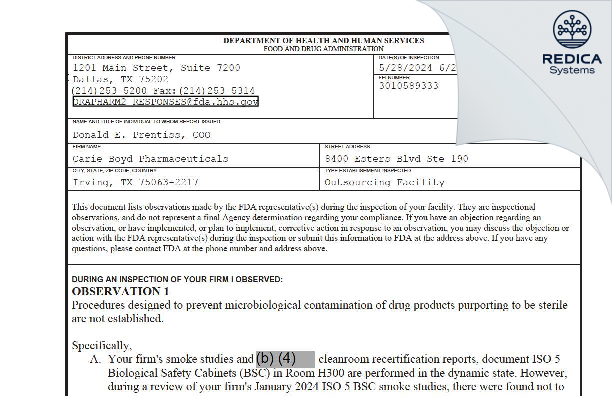 FDA 483 - Right Value Drug Stores, LLC dba Carie Boyd's Prescription Shop [Irving / United States of America] - Download PDF - Redica Systems