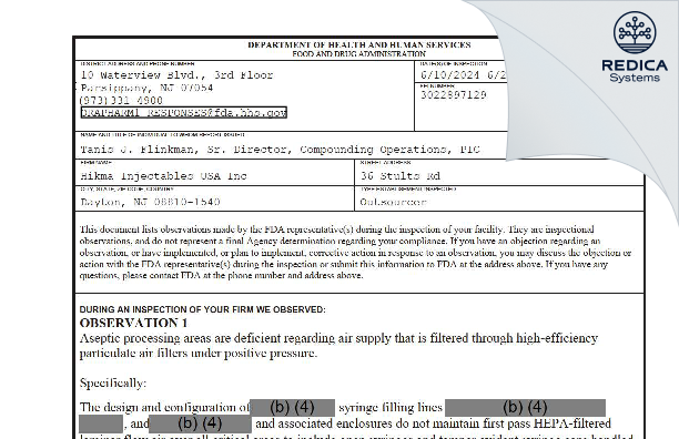 FDA 483 - Hikma Injectables USA Inc. [Dayton / United States of America] - Download PDF - Redica Systems