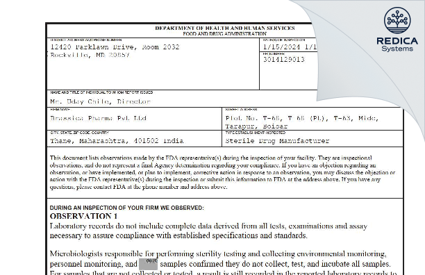 FDA 483 - BRASSICA PHARMA PRIVATE LIMITED [Ambarnath / India] - Download PDF - Redica Systems