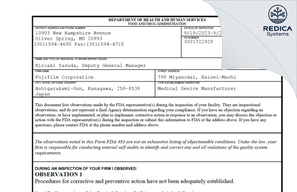 FDA 483 - Fujifilm Corporation [Miyanodai / Japan] - Download PDF - Redica Systems