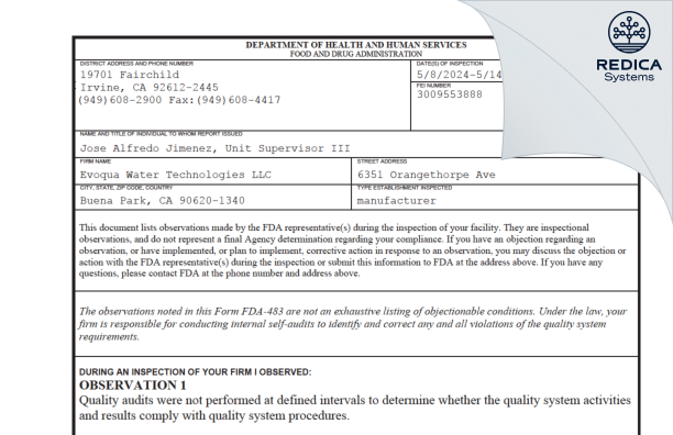 FDA 483 - Evoqua Water Technologies LLC [Buena Park / United States of America] - Download PDF - Redica Systems